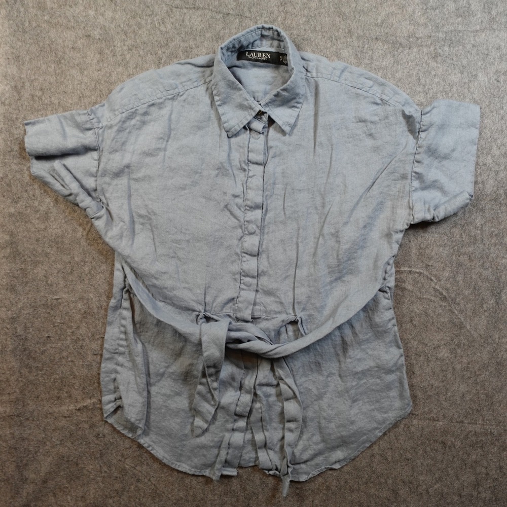 Ralph Lauren Top Womens Small‎ Petite Blue Linen Button Front Short Sleeve Tie